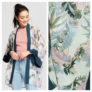 Xhilaration Sheer Botanical Print Open Kimono/Robe M/L Green/Pink Multi